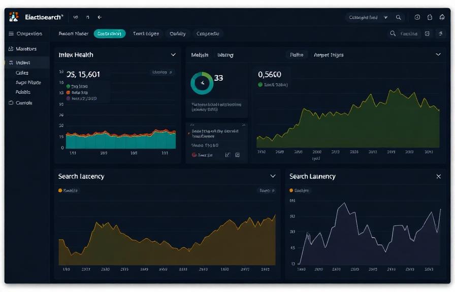 Elasticsearch cluster monitoring dashboard with health and search metrics