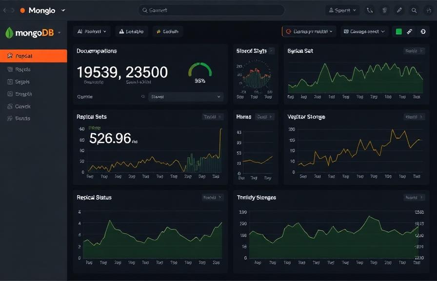 MongoDB monitoring dashboard with document operations and replica set metrics