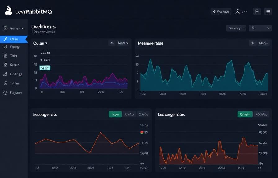 RabbitMQ monitoring dashboard with queue depths and message rates