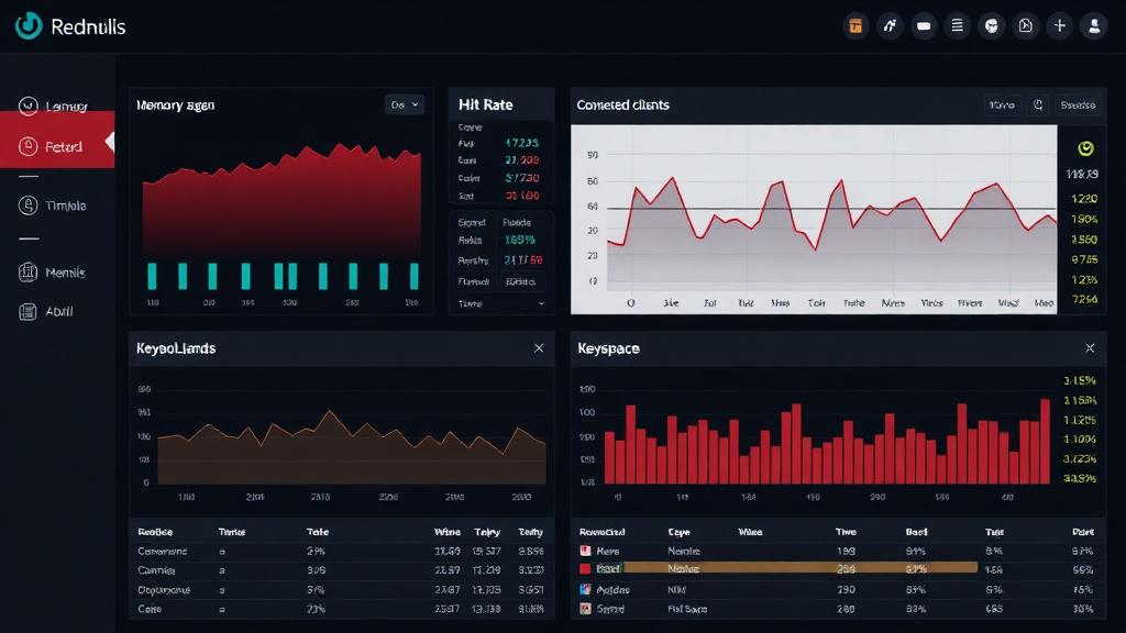 Redis monitoring dashboard with memory and hit rate metrics