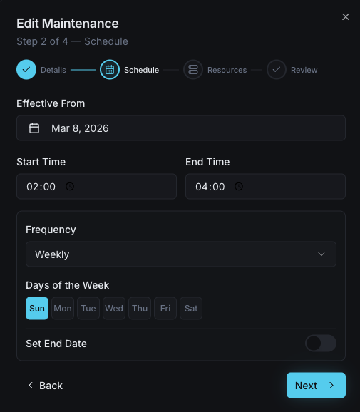 Maintenance window scheduling interface