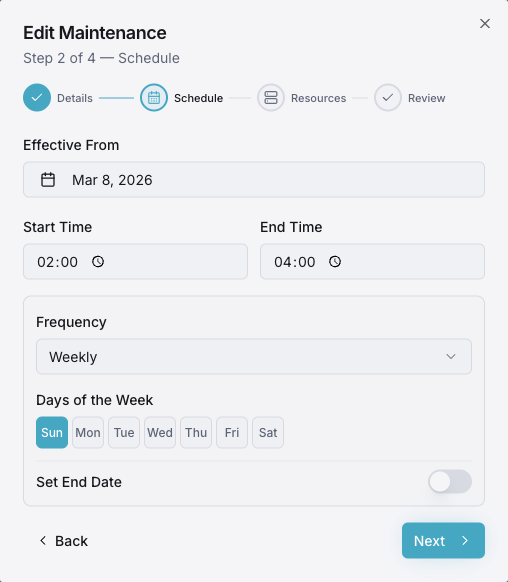 Maintenance window scheduling interface