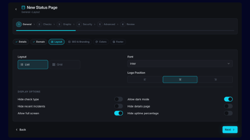 Status page builder with component groups