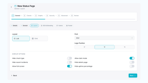 Status page builder with component groups